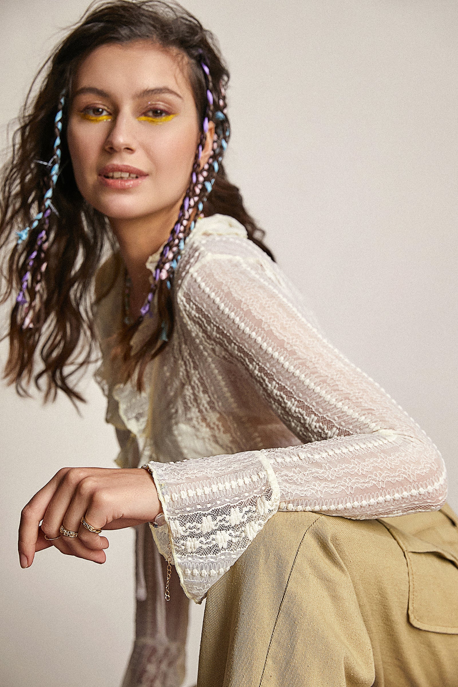 Ivory Lace Ruffled Tie Front Bell Sleeve Copped Blouse