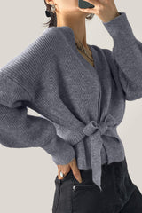 Grey Ribbed Knit Wrap Tie Side Cardigan