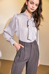 Grey Chiffon Tie-Neck Striped Shirt