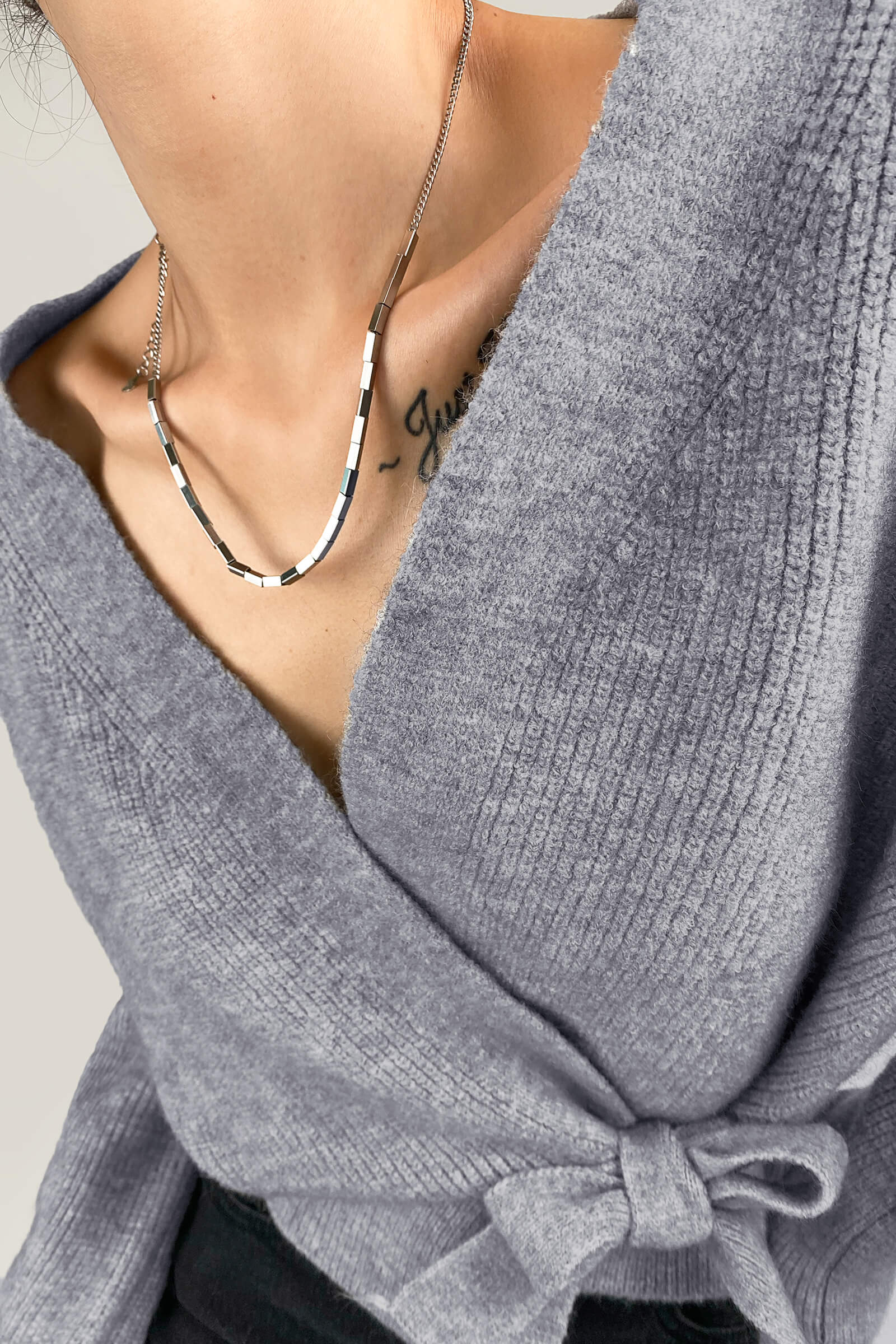 Grey Ribbed Knit Wrap Tie Side Cardigan