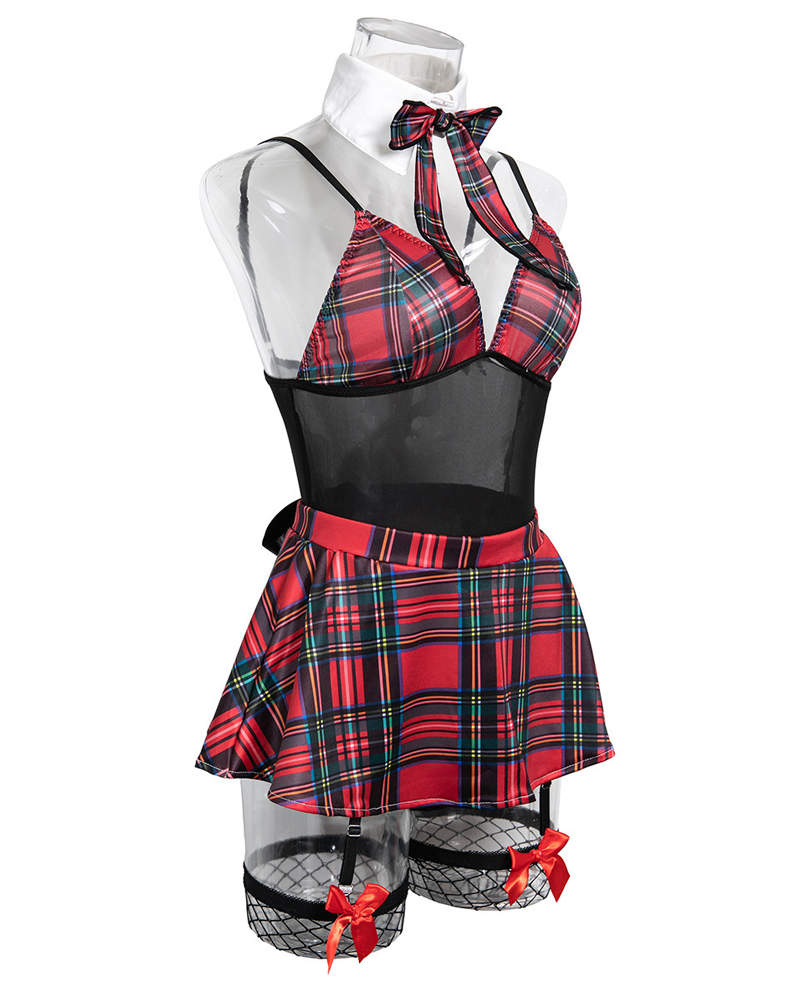 Sheer Mesh Plaid Patchwork Suspender Bodysuit Lingerie