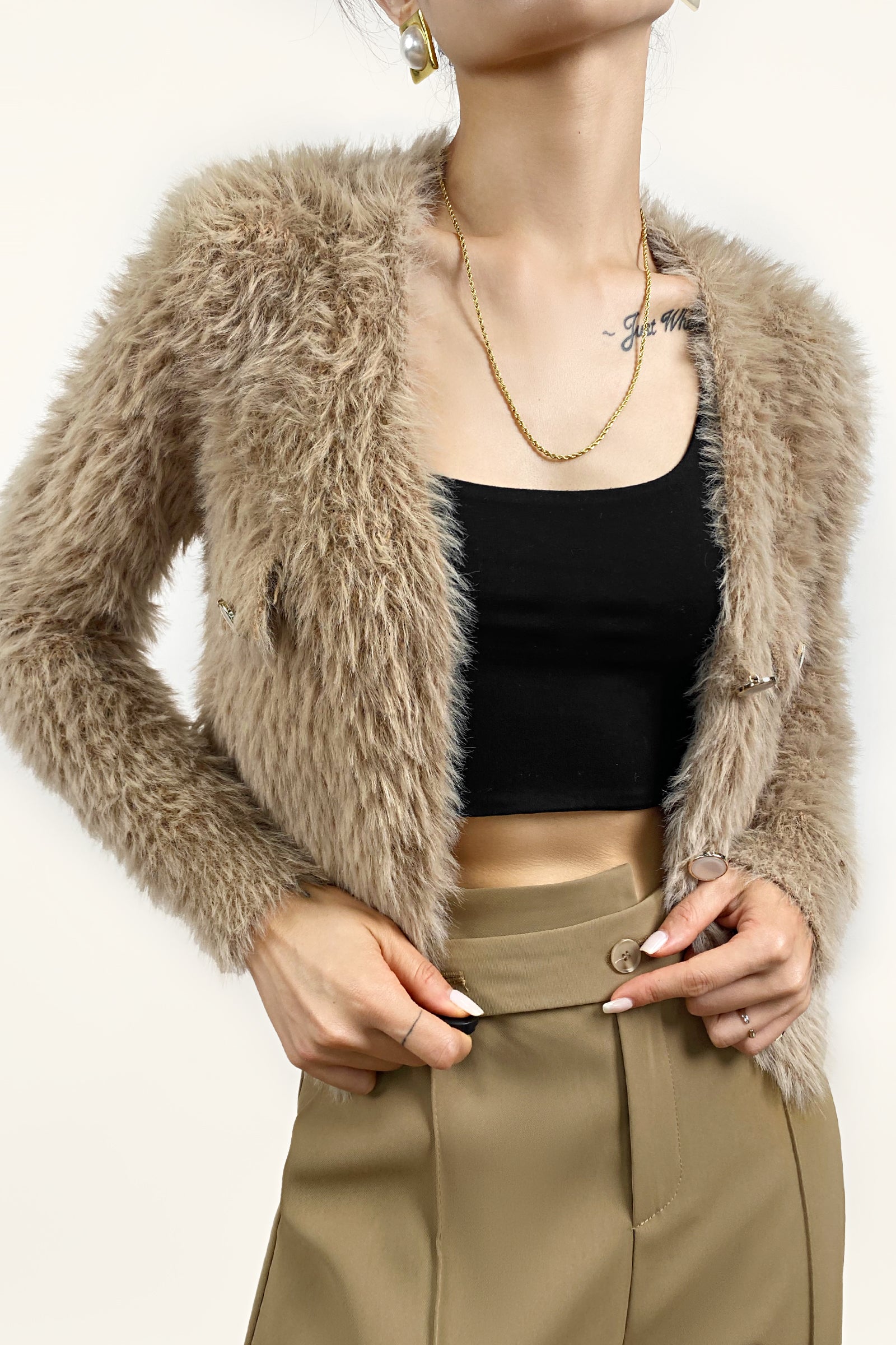 Sandy Brown Fuzzy Knit V-Neck Cropped Cardigan