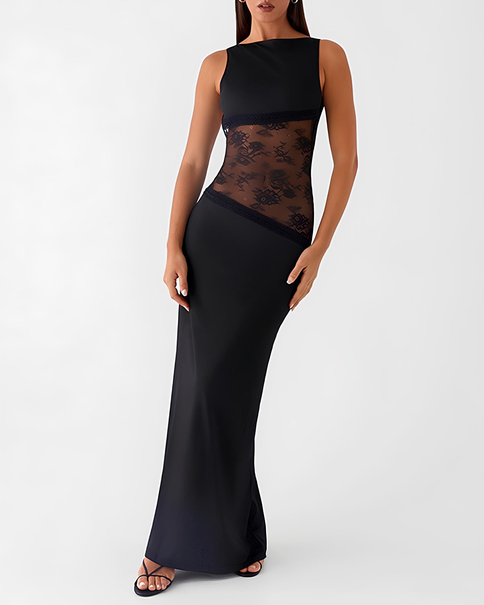 Figure-hugging Spliced Lace Sleeveless Backless Long Dress