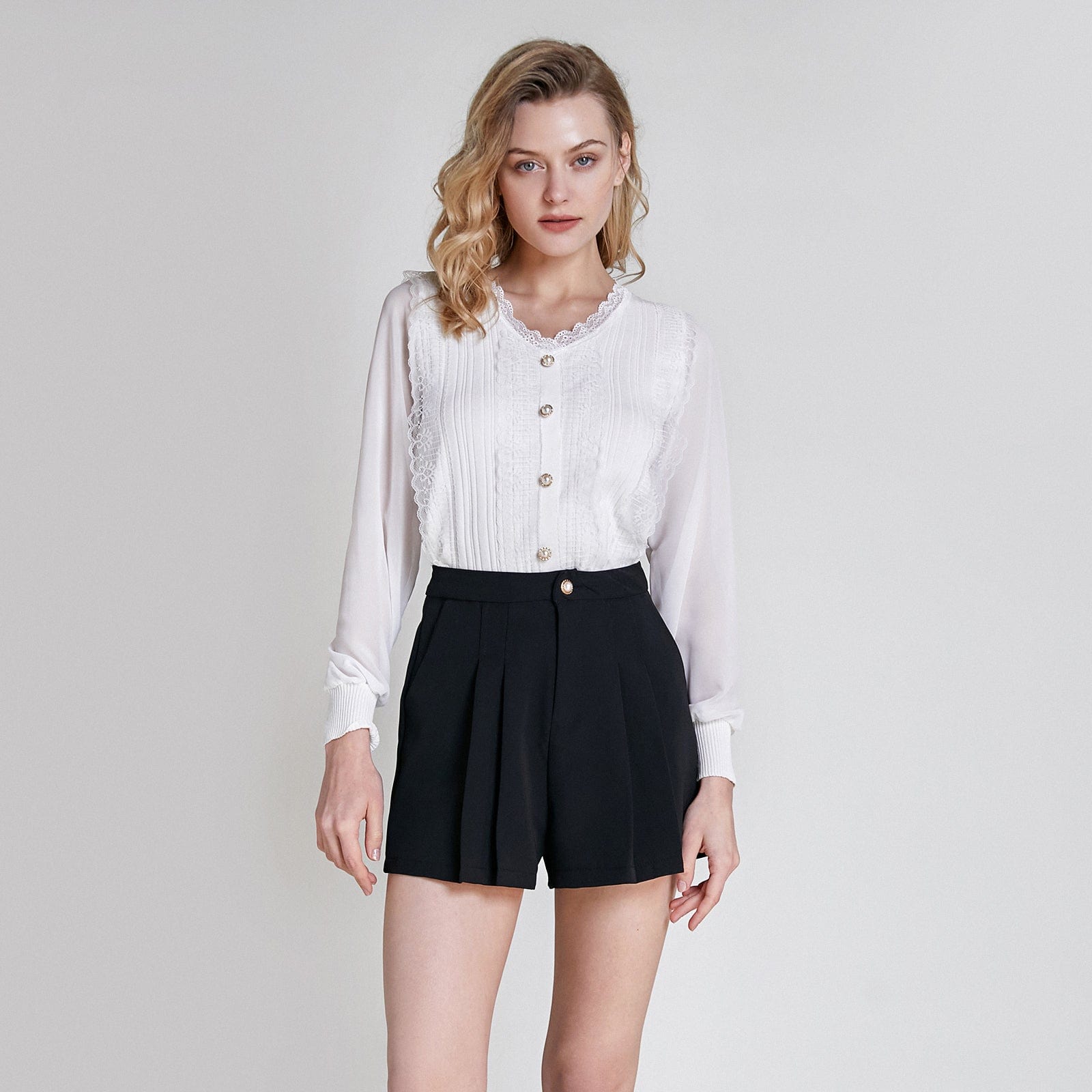 White Lace Detail Mesh Knit Blouse