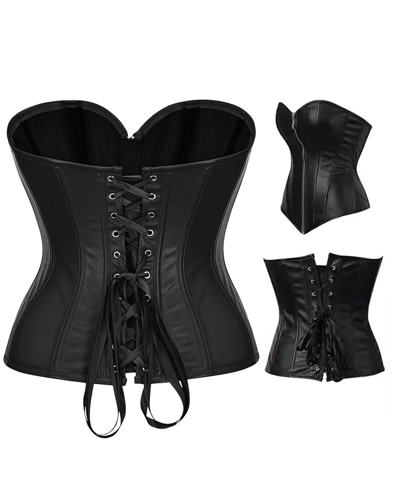 Zippered Black Leather Steel Boned Back Drawstring Corset