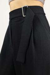 Black Buckle Strap Detail Pleated Front Wide Leg Pants