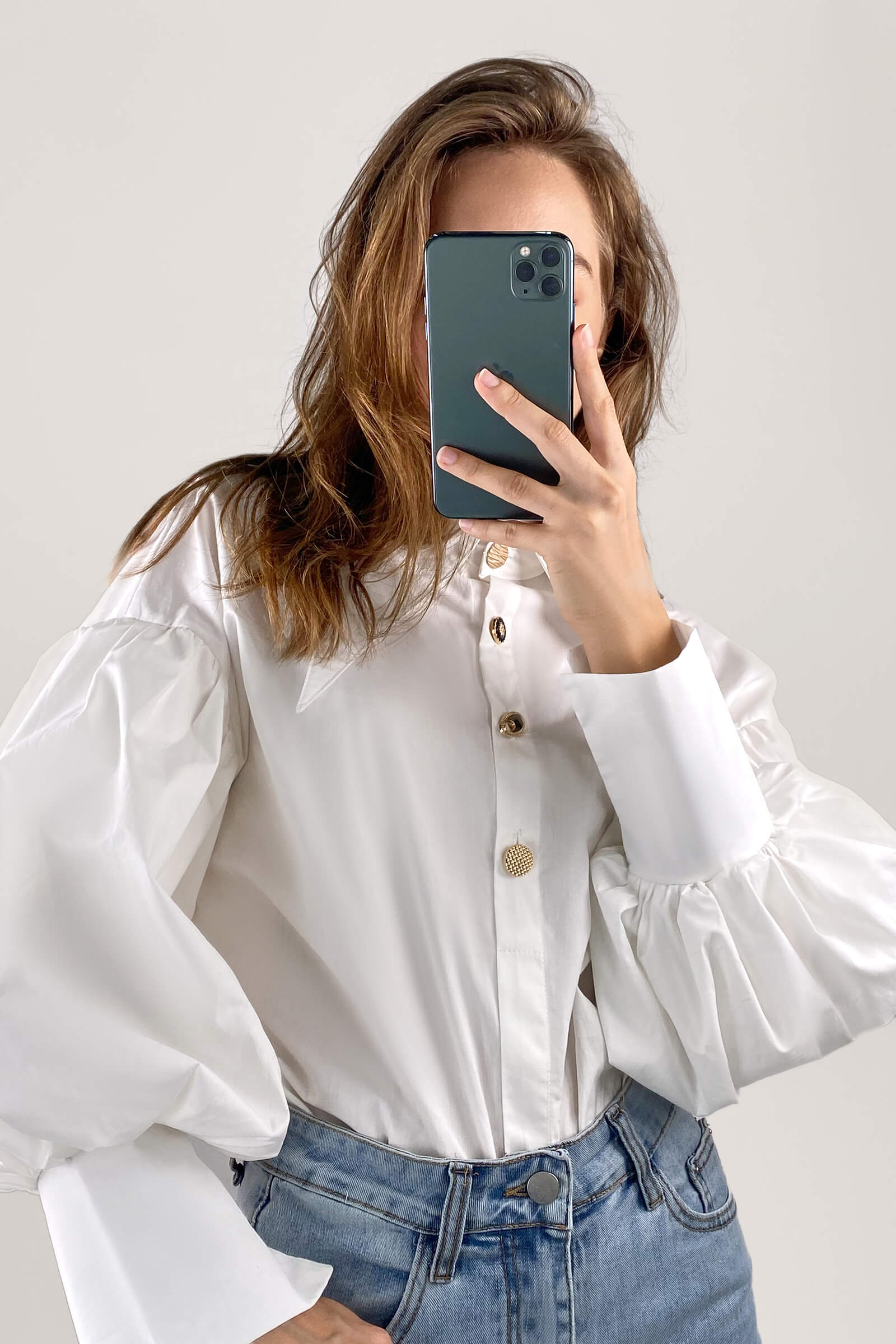 White Pointed Collar Button Detail Lantern Sleeve Shirt