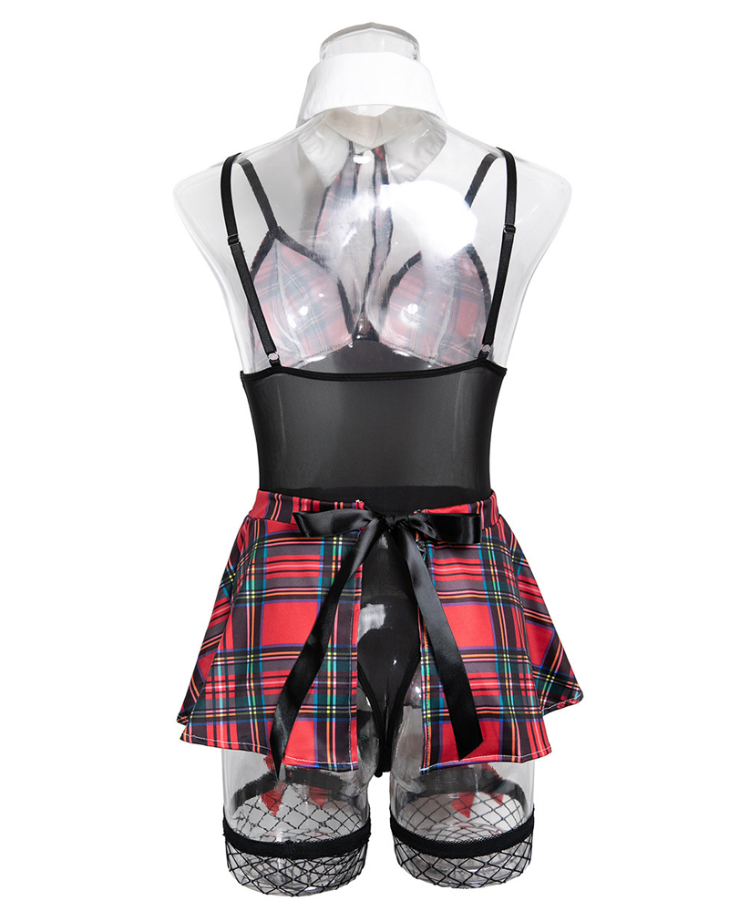 Sheer Mesh Plaid Patchwork Suspender Bodysuit Lingerie