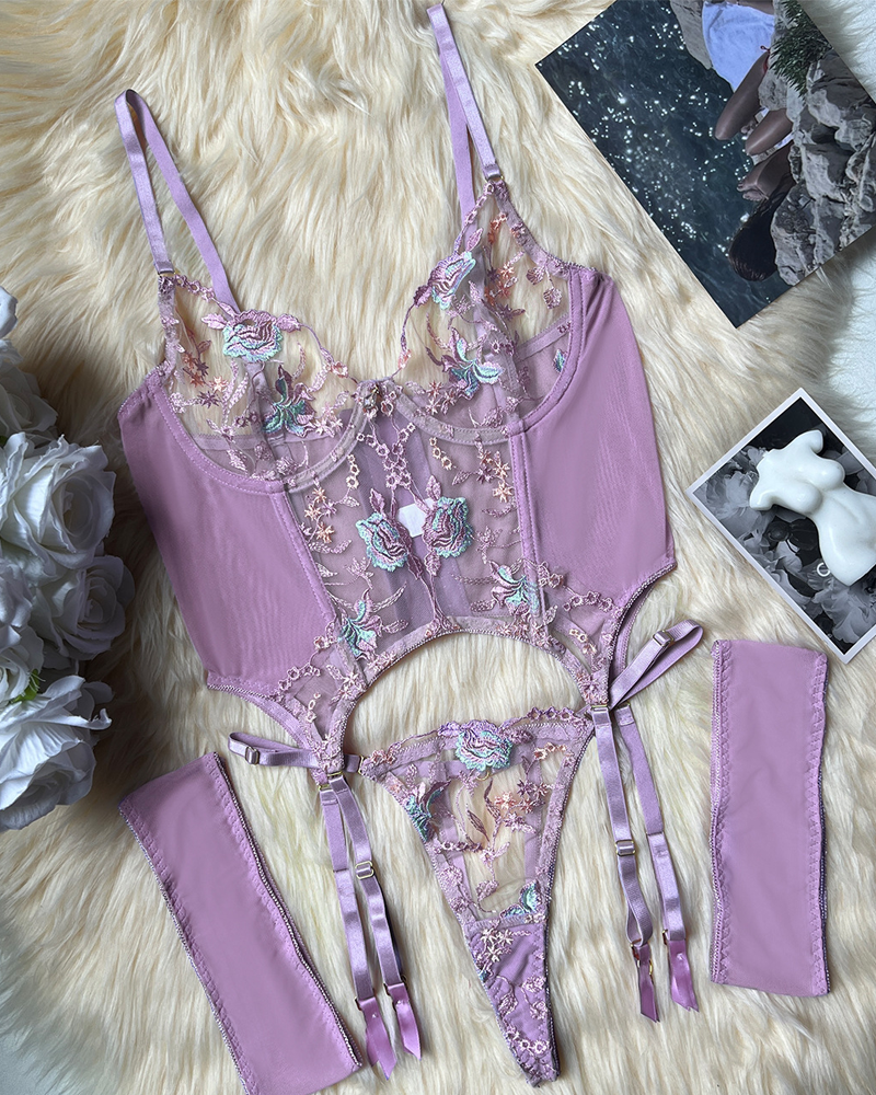 Sheer Embroidered Mesh Lingerie Set