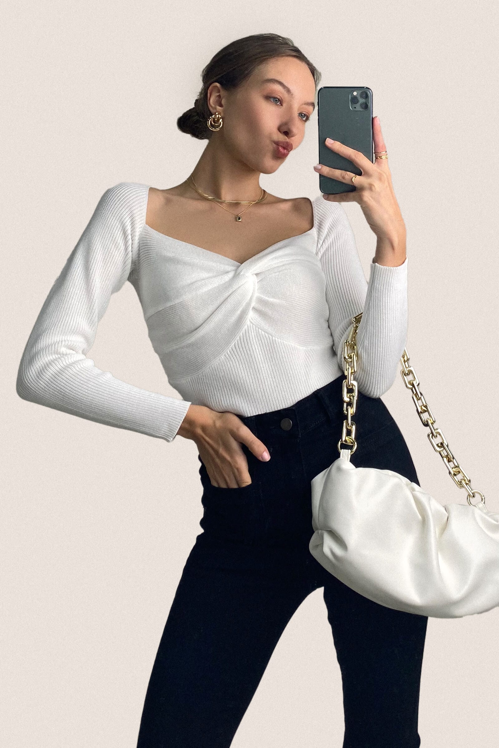 White Twist Front Ribbed Knit Sweater