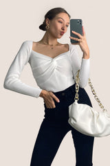 White Twist Front Ribbed Knit Sweater
