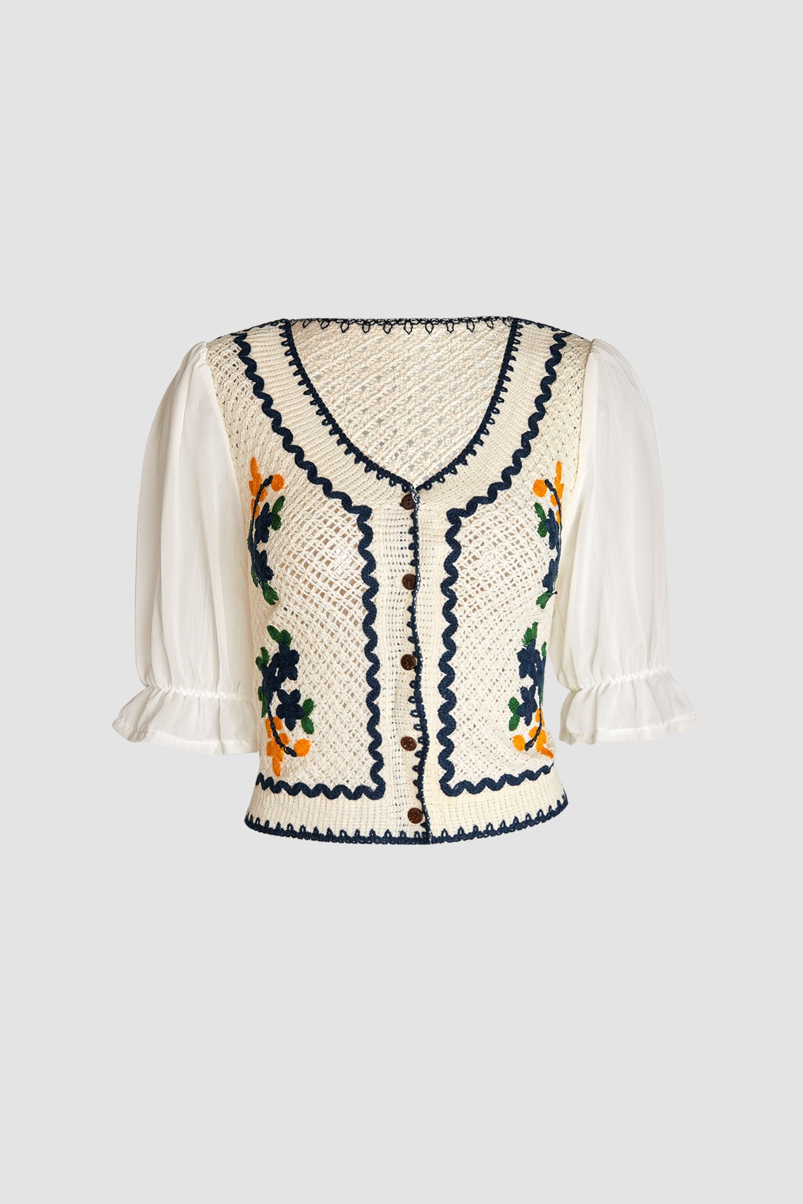 White Floral Embroidery Contrast Trim Cardigan