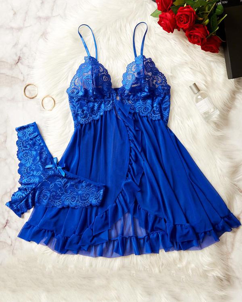 Women's Lace Ruffle Suspender Nightdress and Panty Set