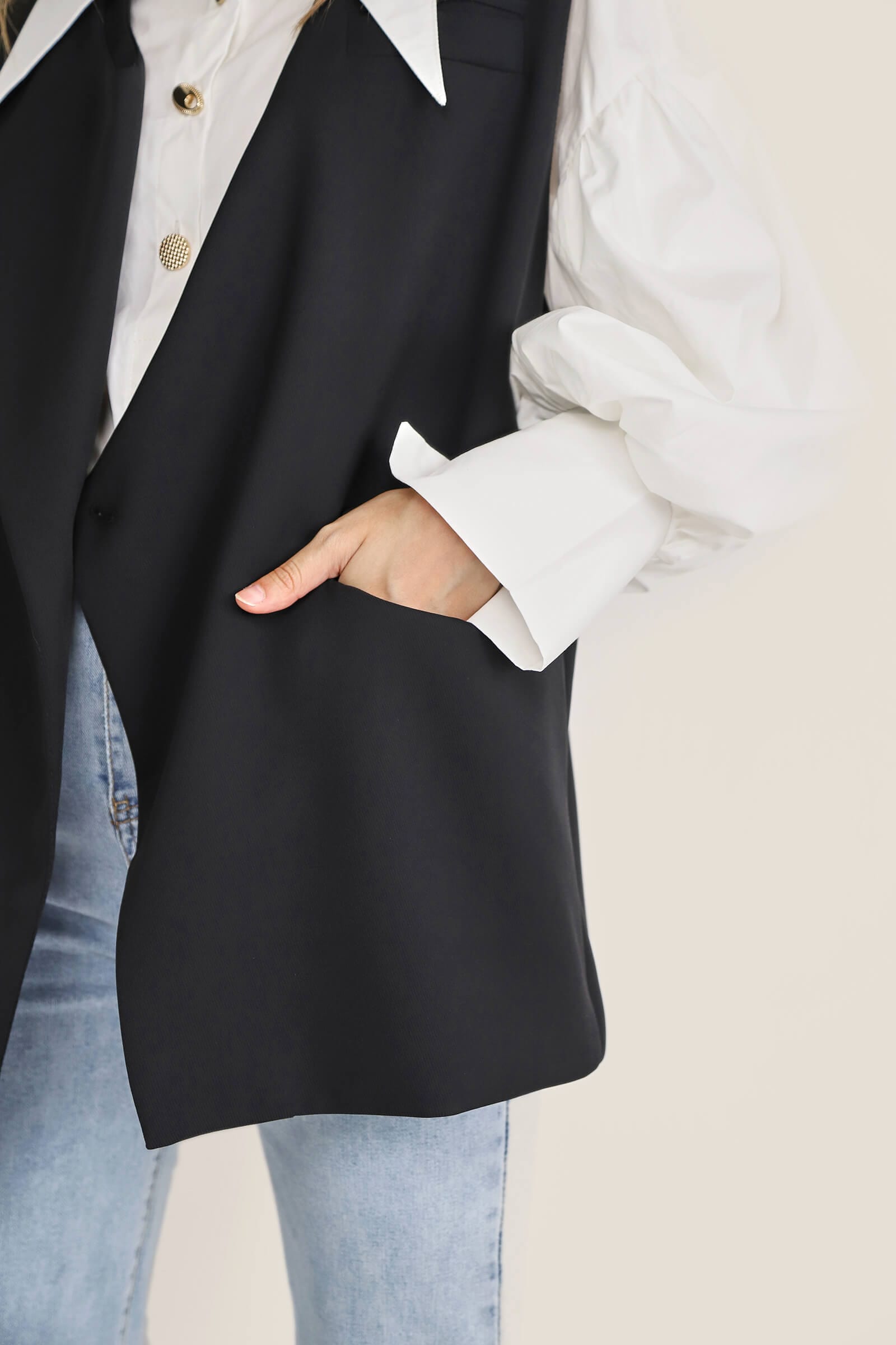 White Pointed Collar Button Detail Lantern Sleeve Shirt