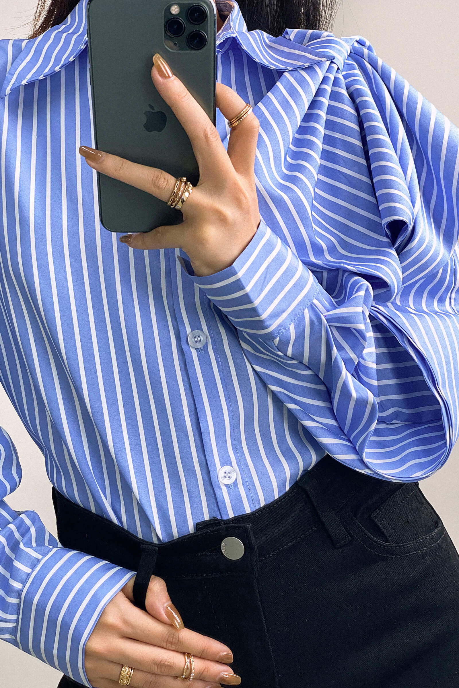 Cornflower Blue Striped Bow Detail Long Sleeve Button-Up Shirt