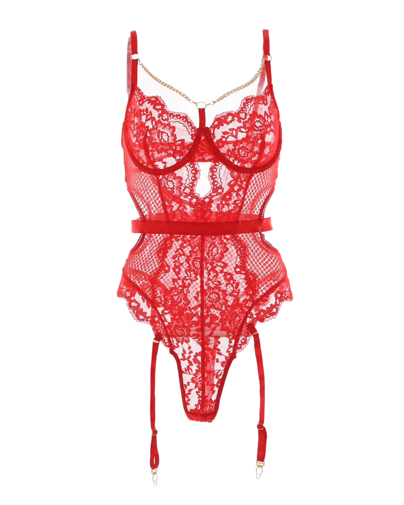 Metal Chain Lace Mesh Shaping Bodysuit