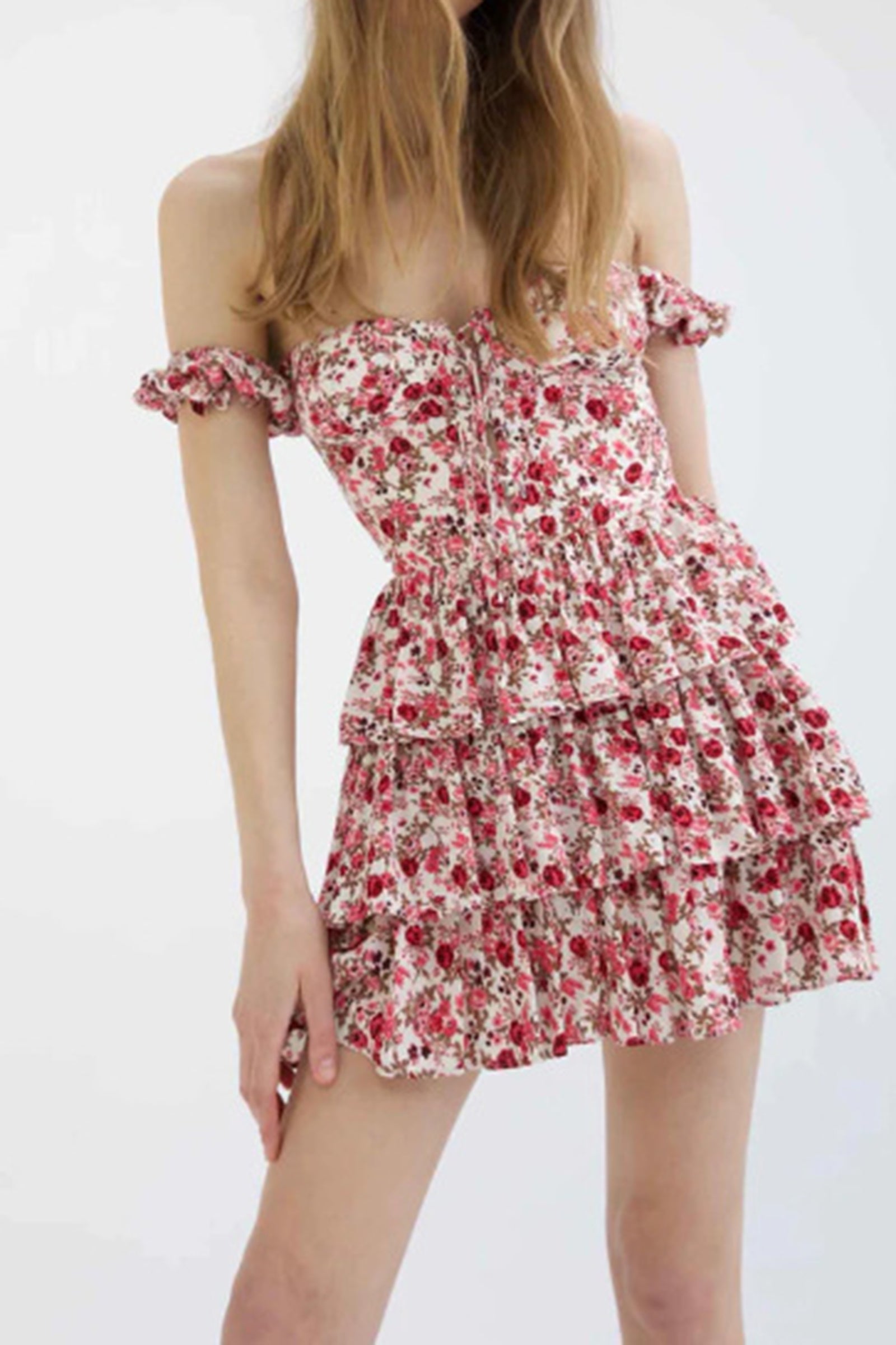 Pink Floral Print Tiered Bustier Mini Dress