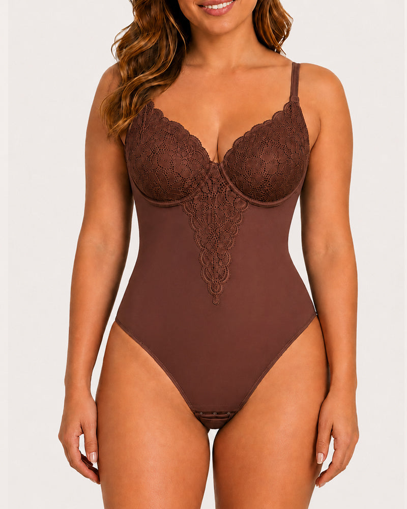 Women's Deep V Lace-Trimmed Tummy Control Seamless Bodysuit