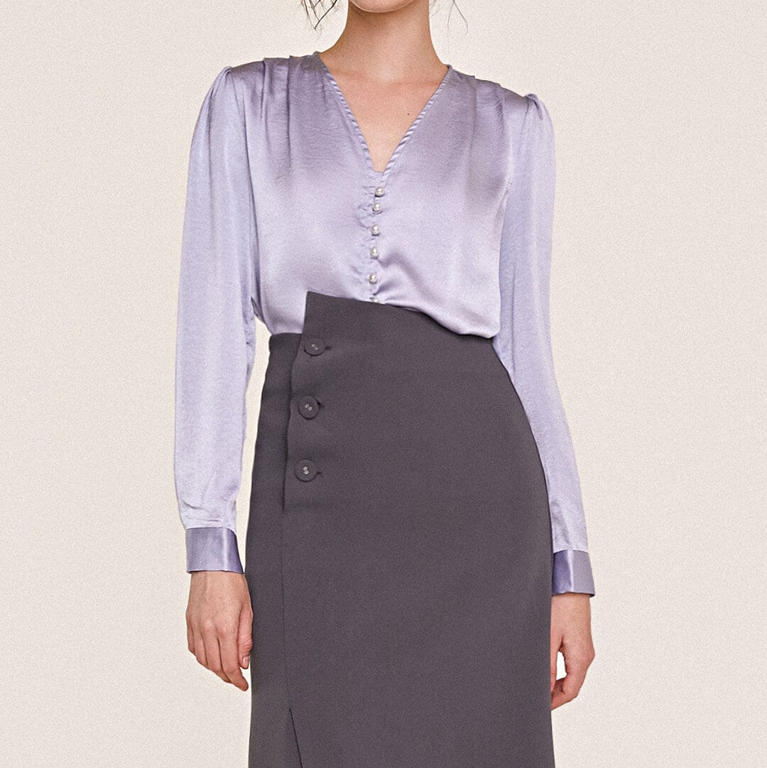 Light Steel Blue V-Neck Long Sleeve Satin Work Blouse