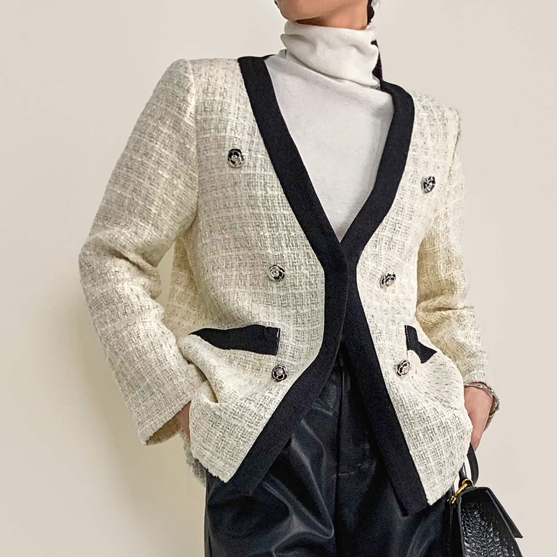 Floral White Contrast Trim Double-Breasted Wool-Blend Tweed Jacket