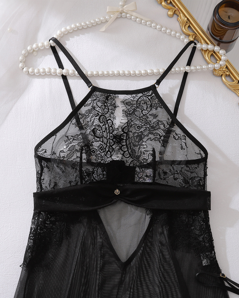 Eyelash Lace Cutout Sheer Mesh Nightgown with G-String