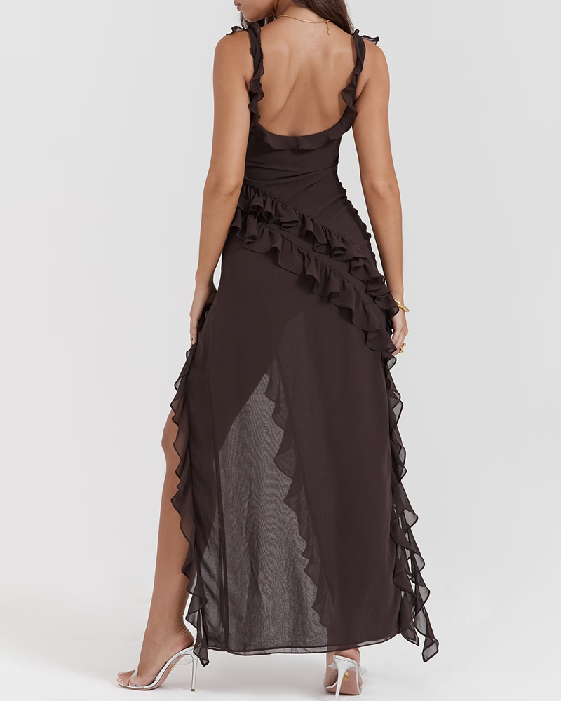 Ruffle Trim Slit Maxi Dress