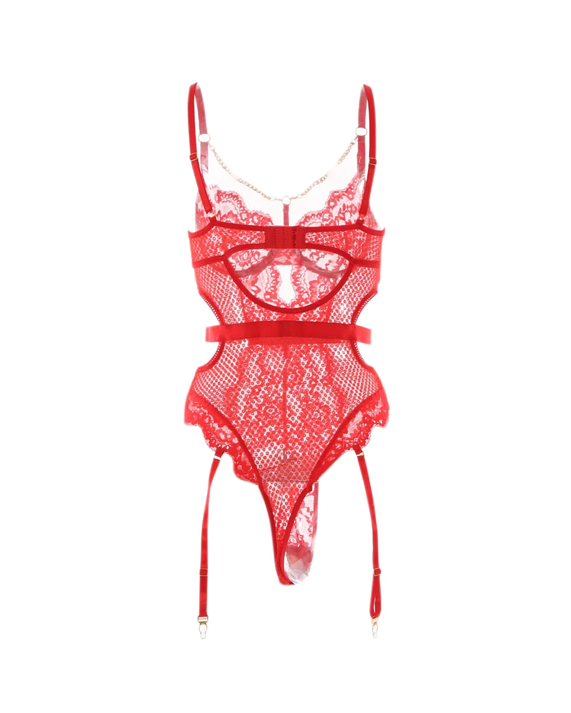 Metal Chain Lace Mesh Shaping Bodysuit