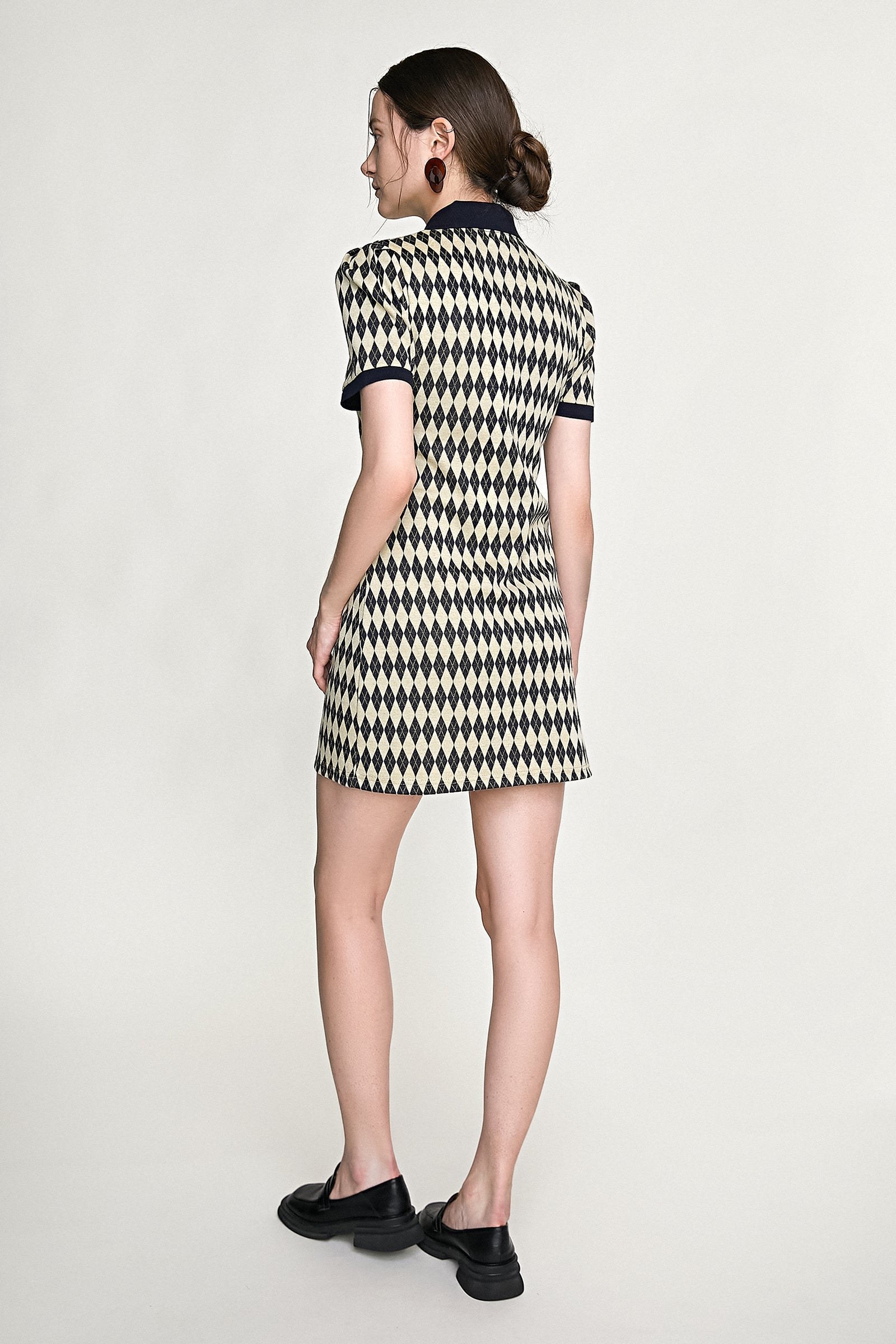 Black Diamond Check Knitted Polo Collar Mini Dress