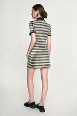 Black Diamond Check Knitted Polo Collar Mini Dress