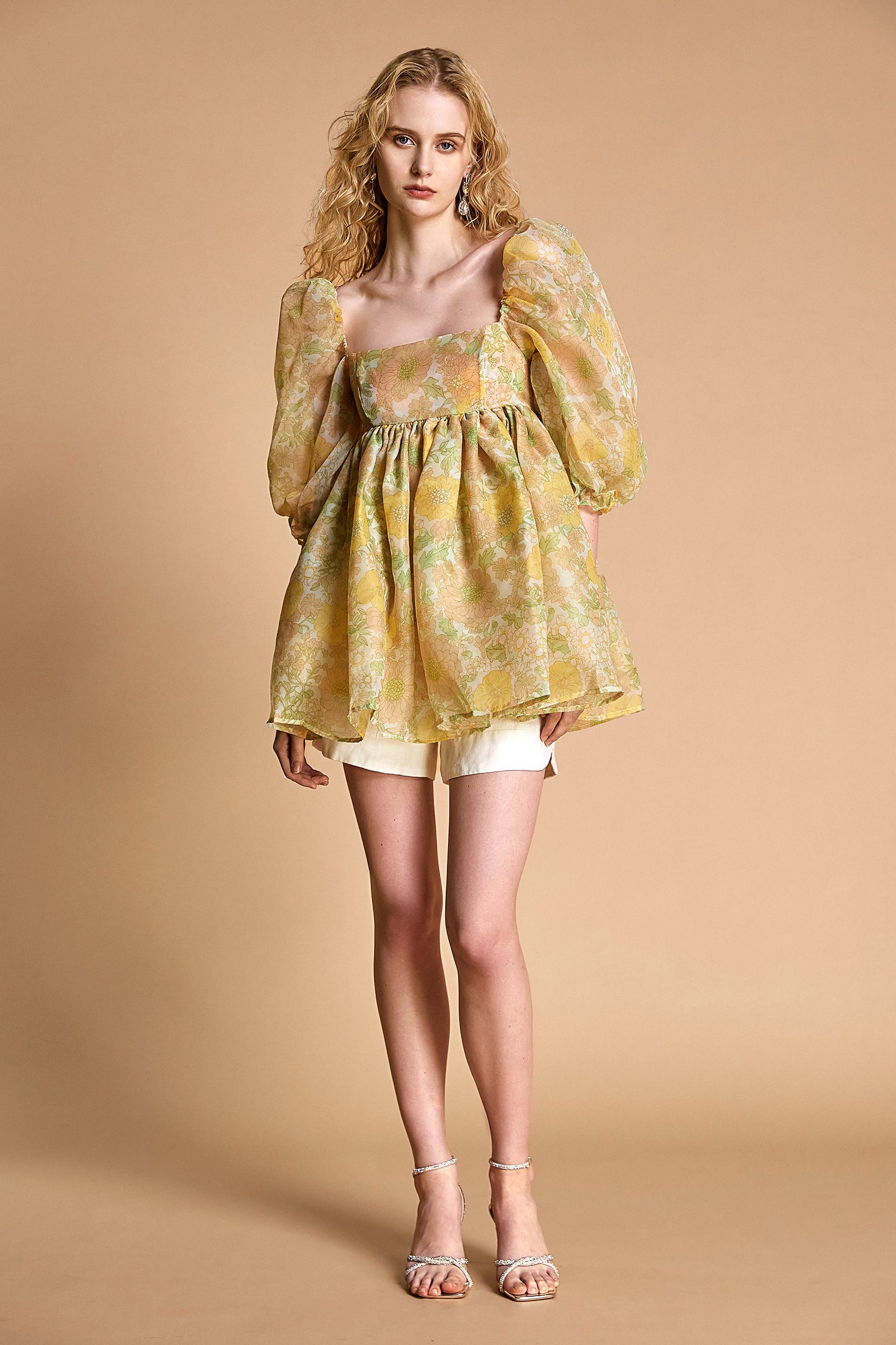 Lemon Chiffon Floral Print Puff Sleeve Babydoll Smock Mini Dress
