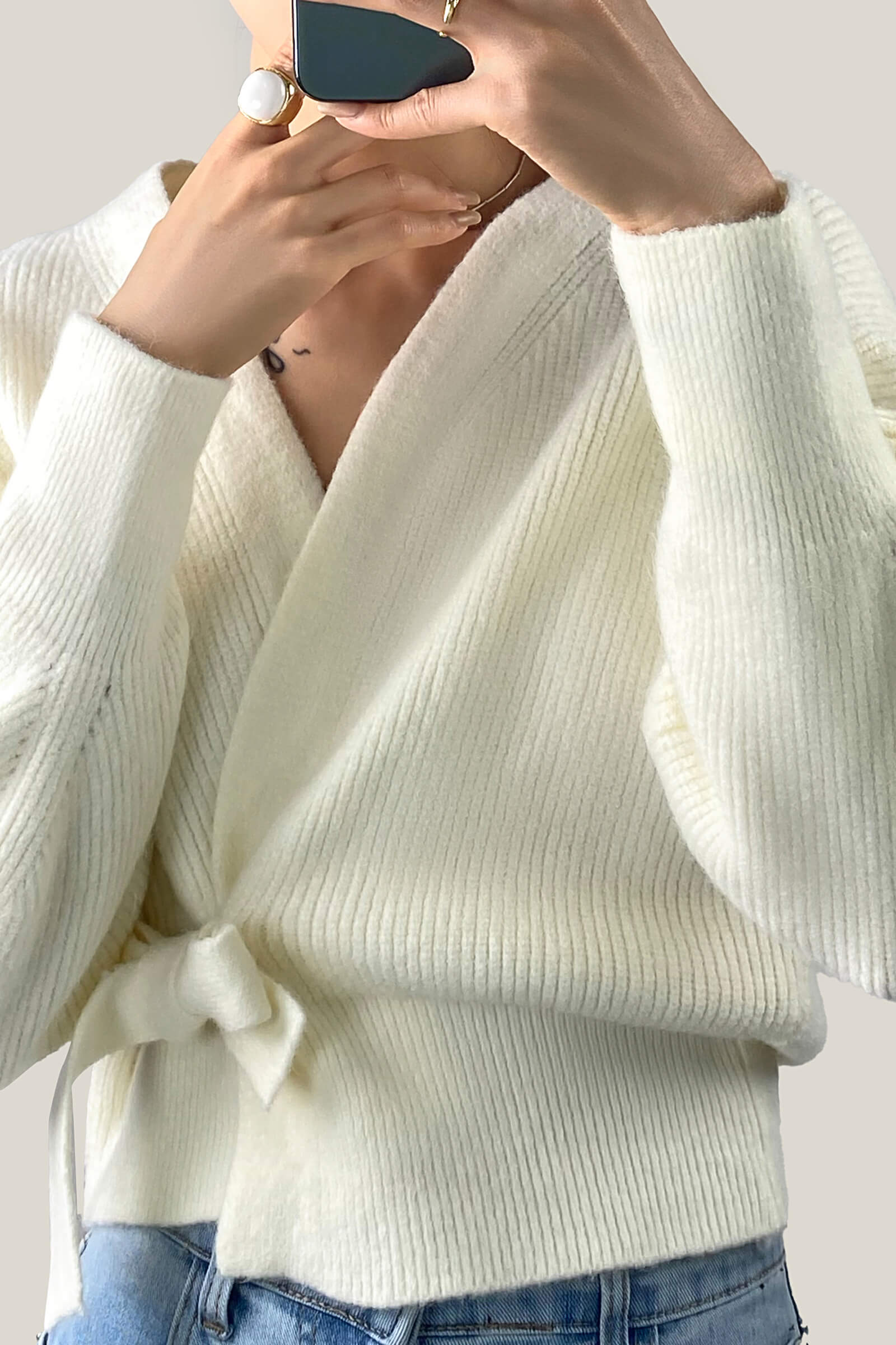 Ivory Ribbed Knit Wrap Tie Side Cardigan