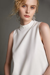 White Sleeveless Mock Neck Feather-Trimmed Mini Dress