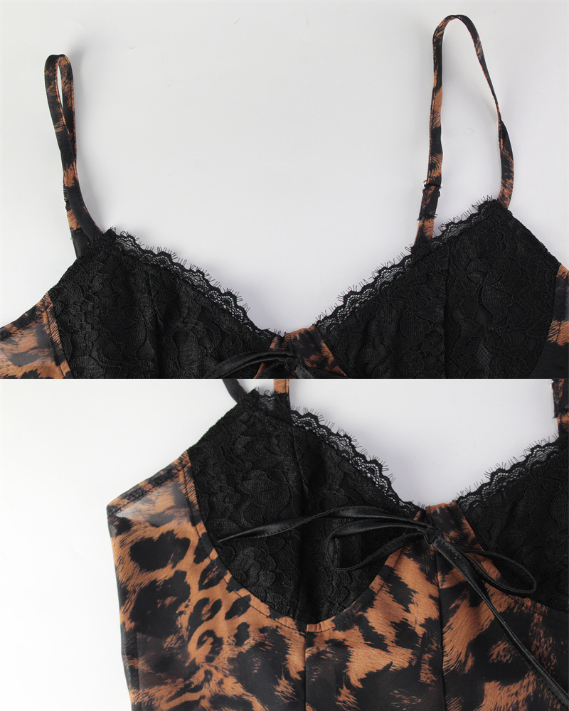 Leopard Print Mesh Lace-Up Slip Dress