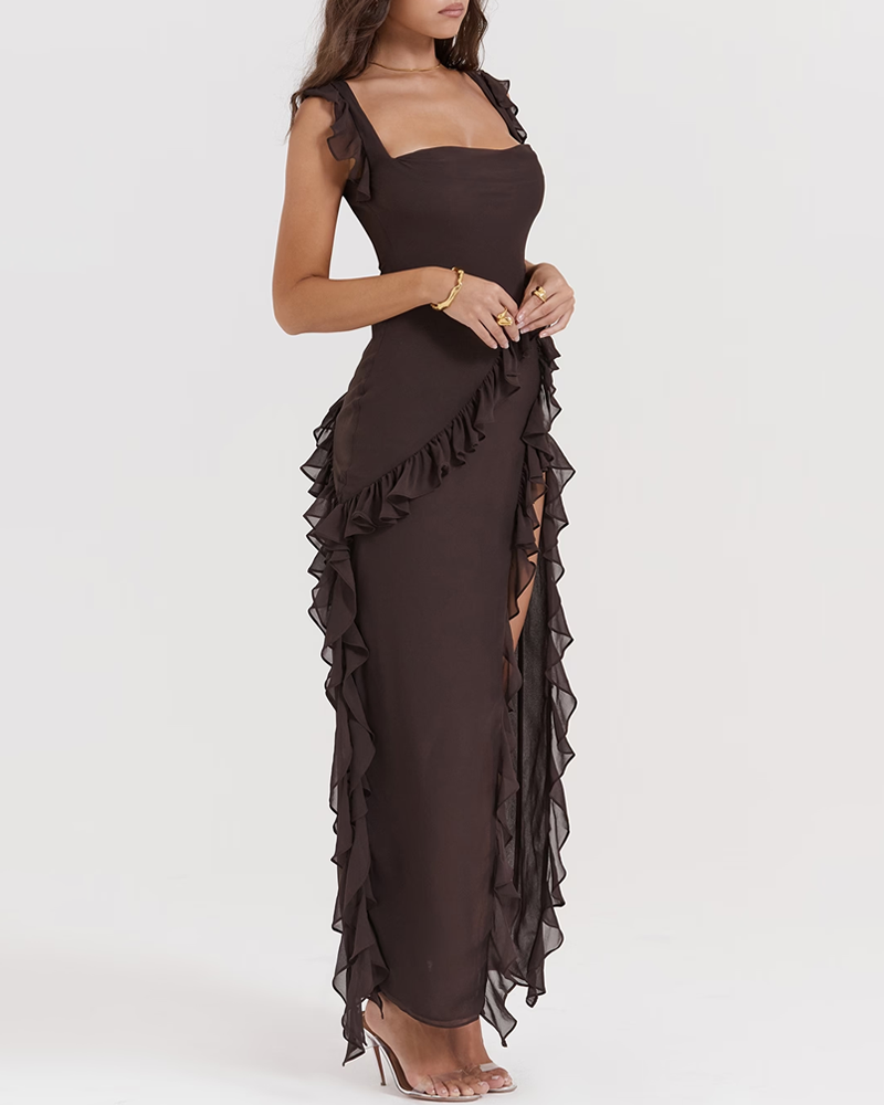 Ruffle Trim Slit Maxi Dress