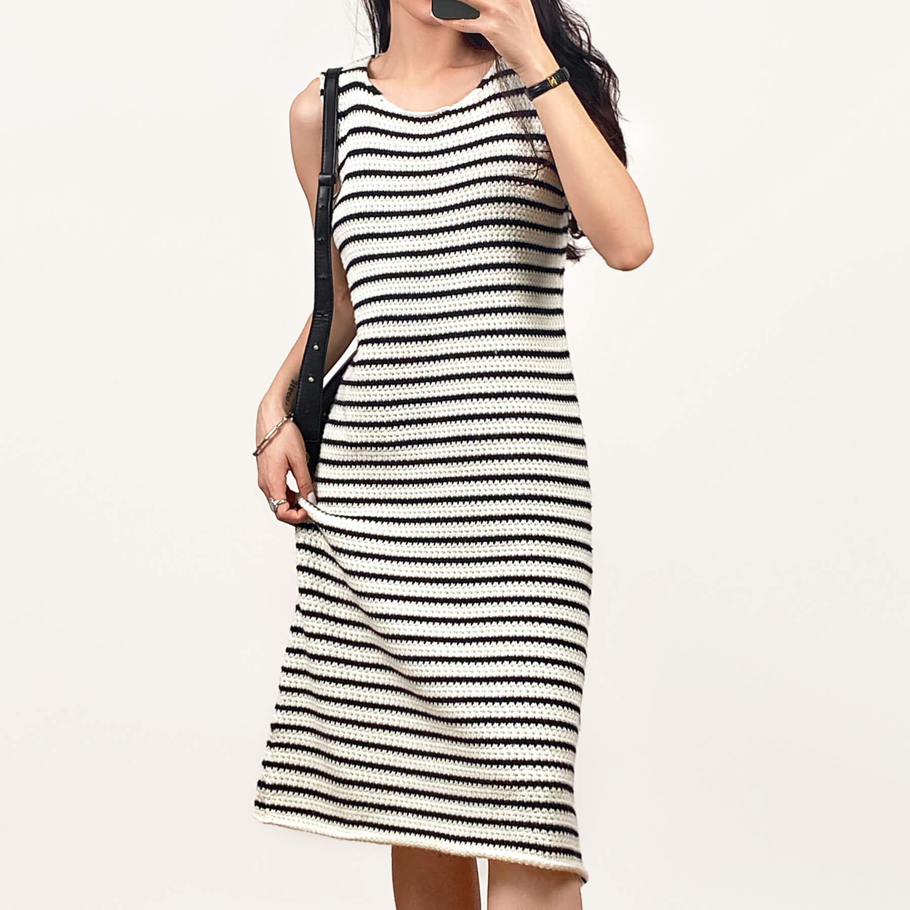 Ivory Striped Sleeveless Knit Midi Dress