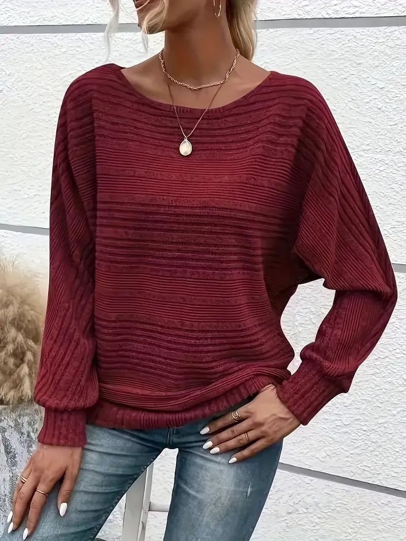 Soft Solid Batwing Sleeve Pullover Long Sleeve Top