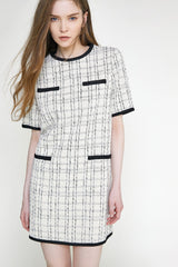 Ivory Checked Contrast Trim Tweed Mini Dress