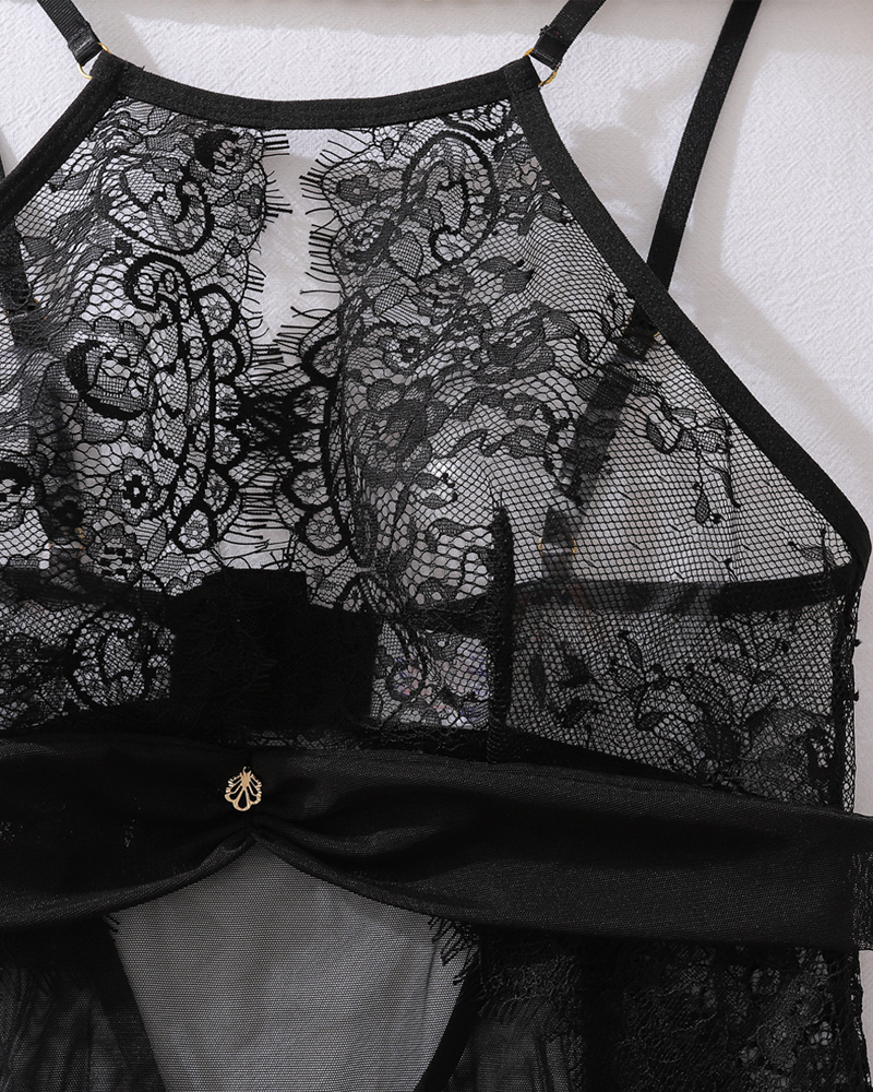 Eyelash Lace Cutout Sheer Mesh Nightgown with G-String