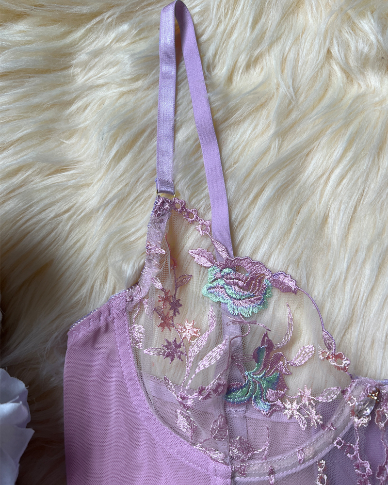 Sheer Embroidered Mesh Lingerie Set