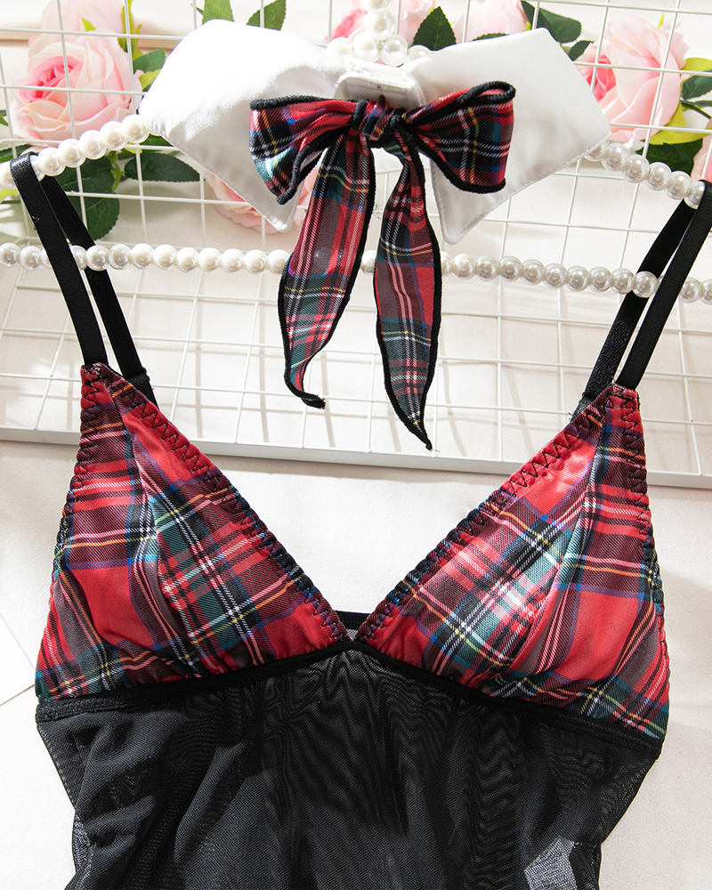 Sheer Mesh Plaid Patchwork Suspender Bodysuit Lingerie