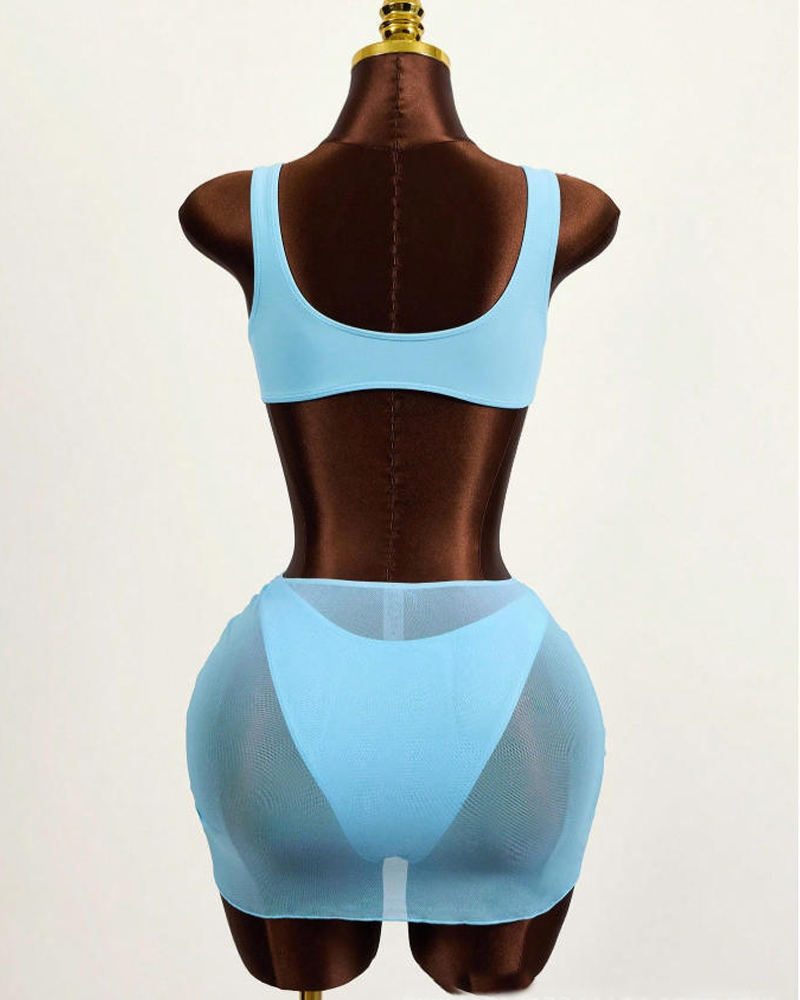 Sheer Mesh Backless Bikini with Cover-up Set