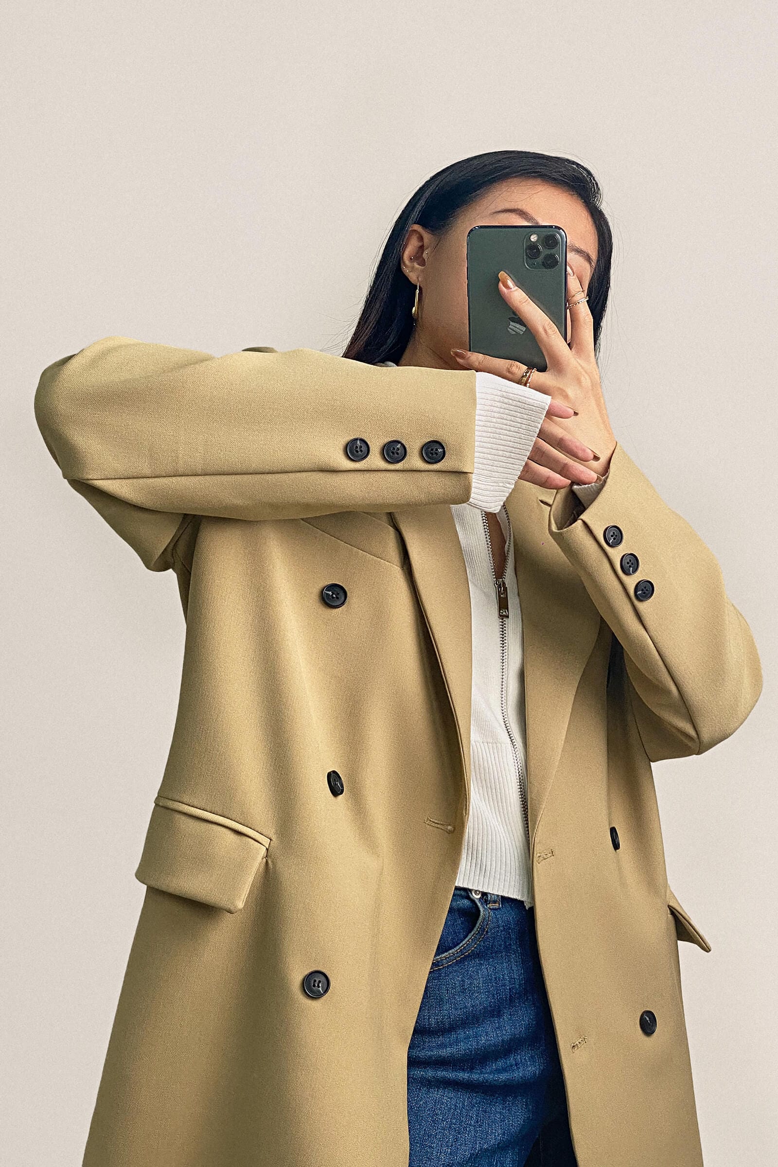 Khaki Padded Shoulder Double-Breasted Longline Coat