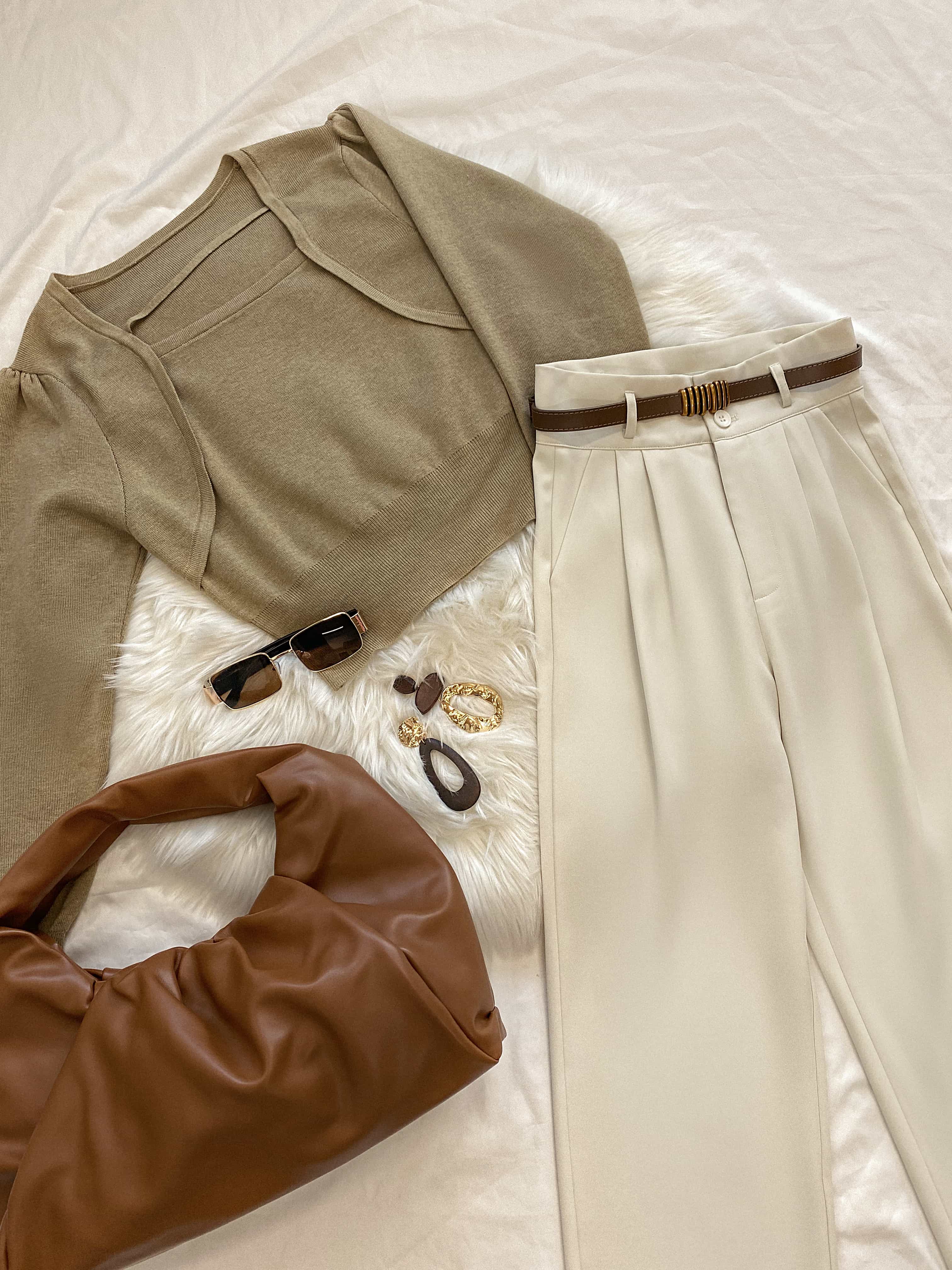 Dark Khaki Wool-Blend Strap Detail Asymmetric Neck Sweater