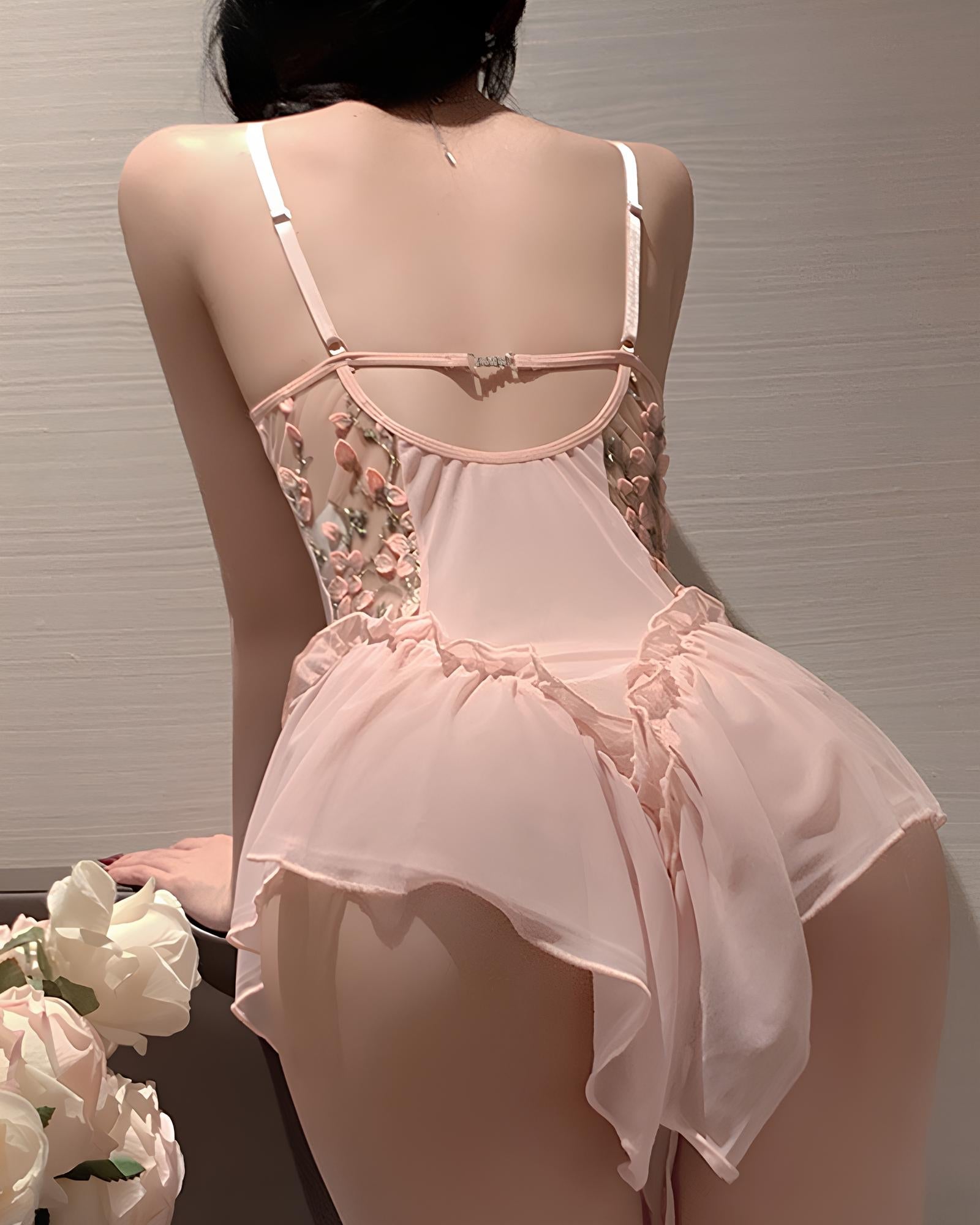 Floral Embroidered Mesh See-through Slip Dress Lingerie