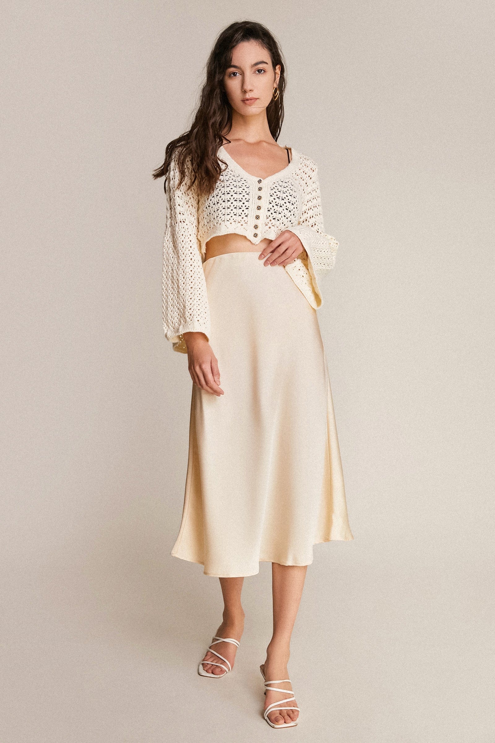 Ivory Satin High Rise A-Line Midi Skirt