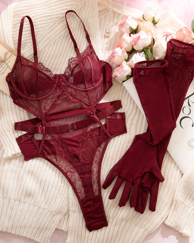Lace Mesh Shaping Cutout Bodysuit with Gloves