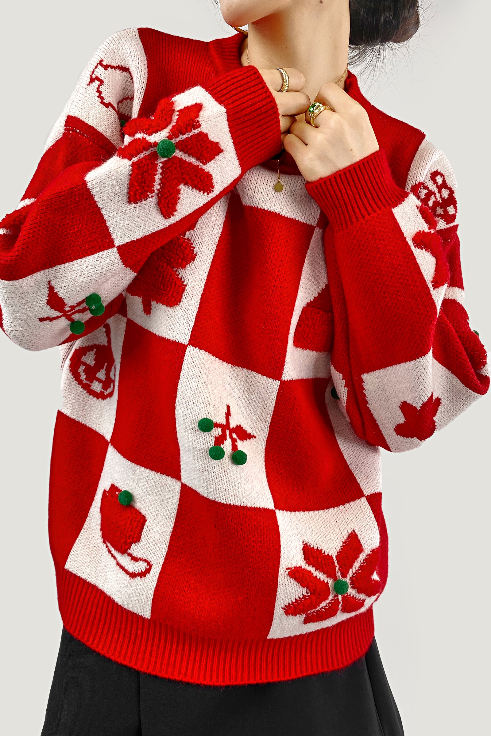 Red Cherry Prints Crew Neck Checkerboard Christmas