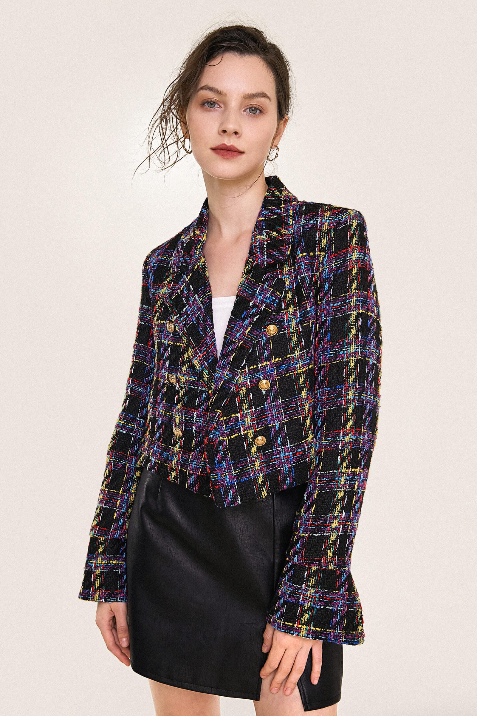 Multicolor Plaid Double-Breasted Cropped Tweed Blazer
