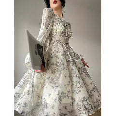Beige Floral Print Long Sleeve Midi Dress