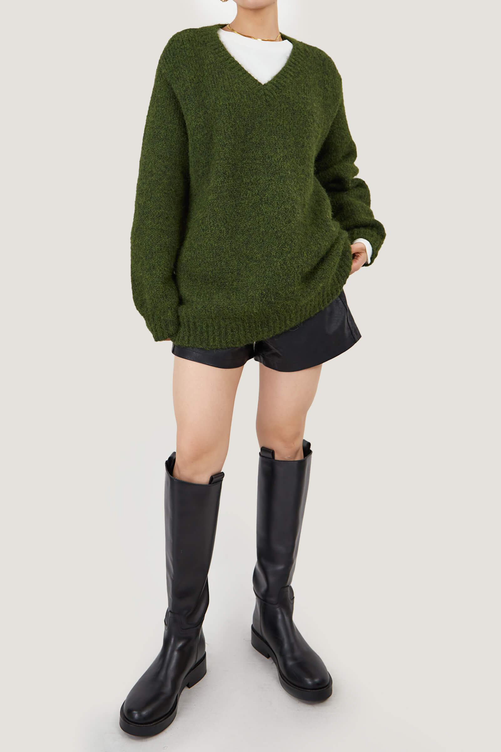 Dark Olive GreenFuzzy Knit V-Neck Oversized Sweater